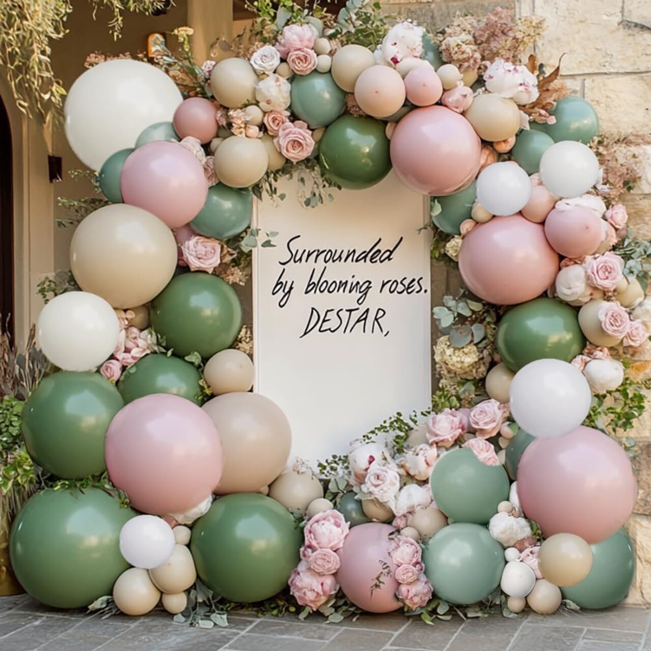 Dusty Pink & Green Balloon Garland – Double Stuffed Sage, Pink & White Sand Balloons Arch Kit